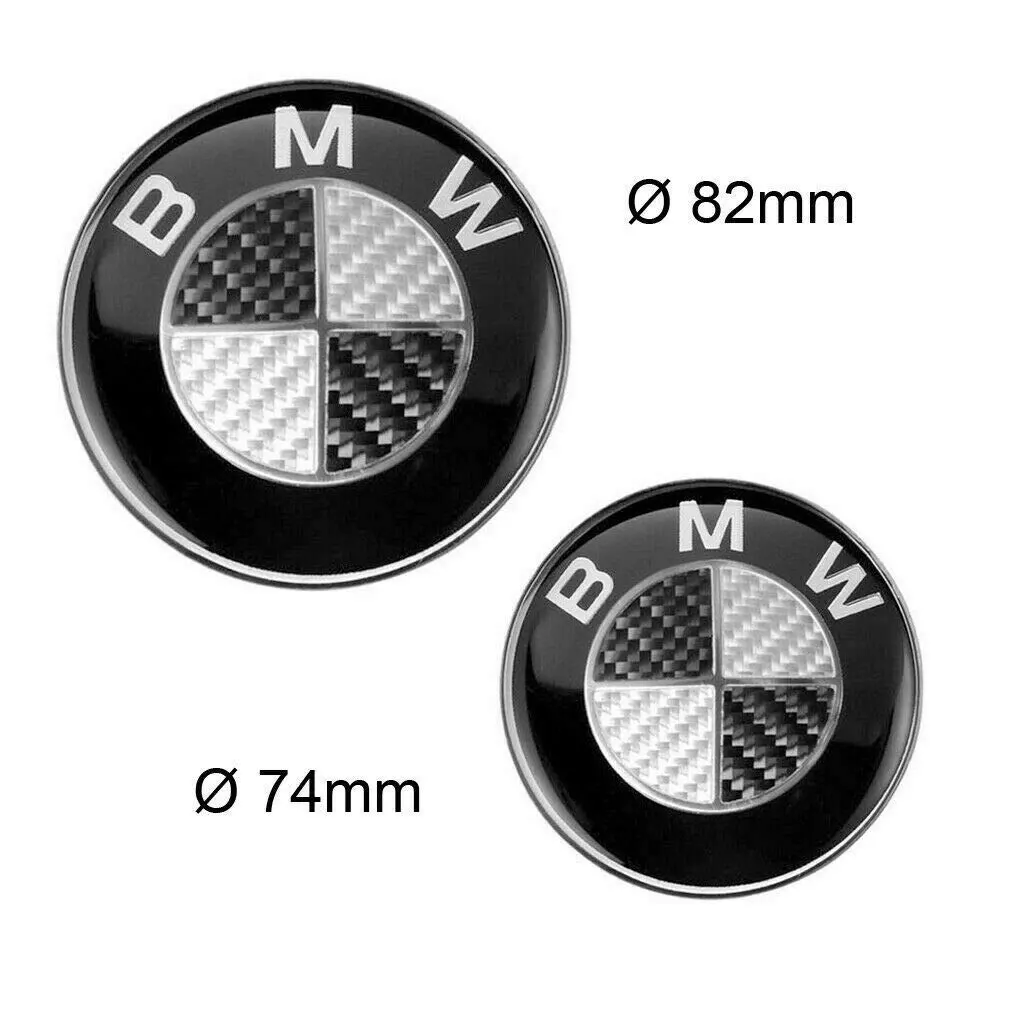 2 emblemas BMW para capó y maletero 82 y 74 milimetros negro y blanco