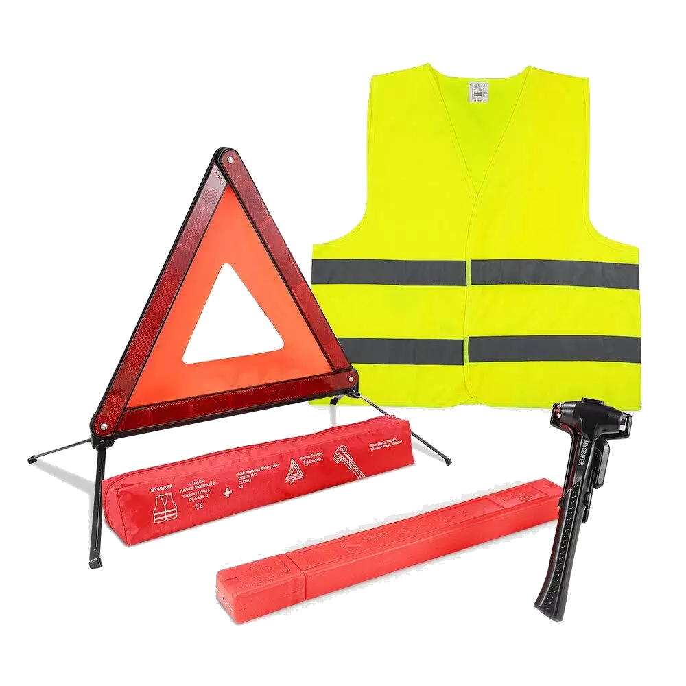 KIT SEGURIDAD CARRETERA TRIáNGULOS DE ADVERTENCIA, CHALECOS REFLECTANTES Y UN MARTILLO DE SEGURIDAD